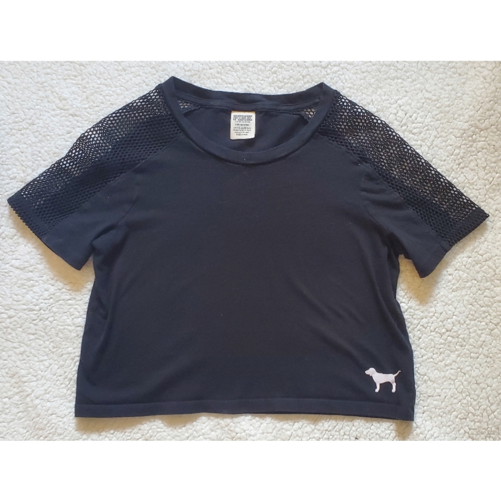 PINK Cropped Short Sleeve T-Shirt with Mesh Sleeve